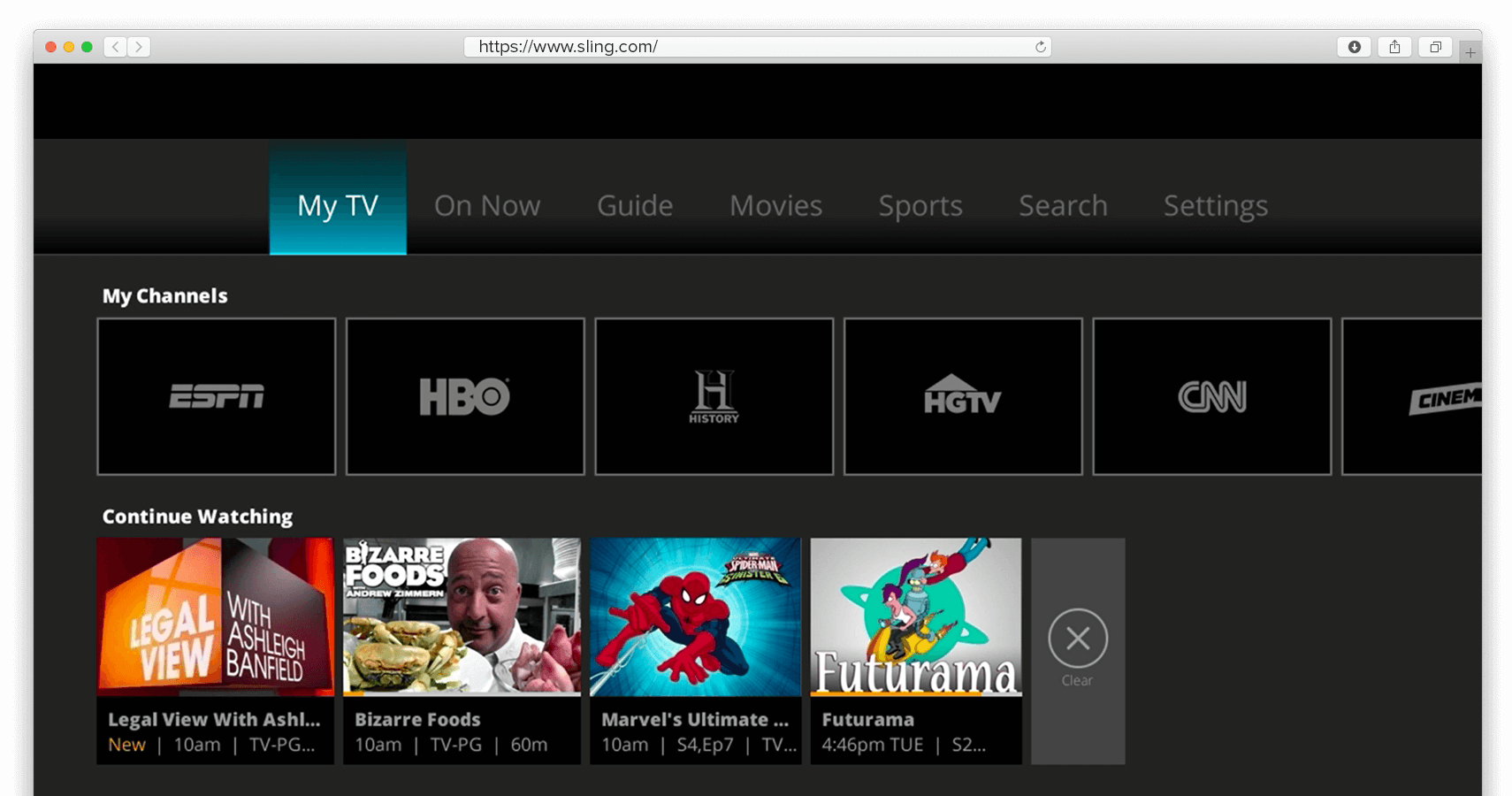Zrzut ekranu strony gł&oacute;wnej Sling TV.